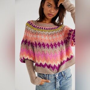 NWT Free People XS Home For Holidays Raspberry Fair Isle Knit Cropped Sweater